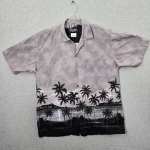 VINTAGE Favant Men Button Up Shirt XL Gray Tie Dye Hawaiian Palm Trees READ